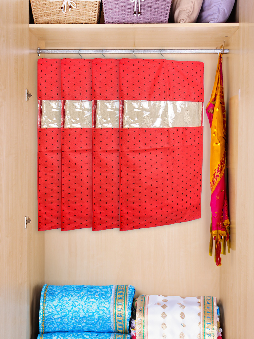 prettykrafts Red & Black 12 Pieces Dot Printed Hanging Saree Cover Organizers