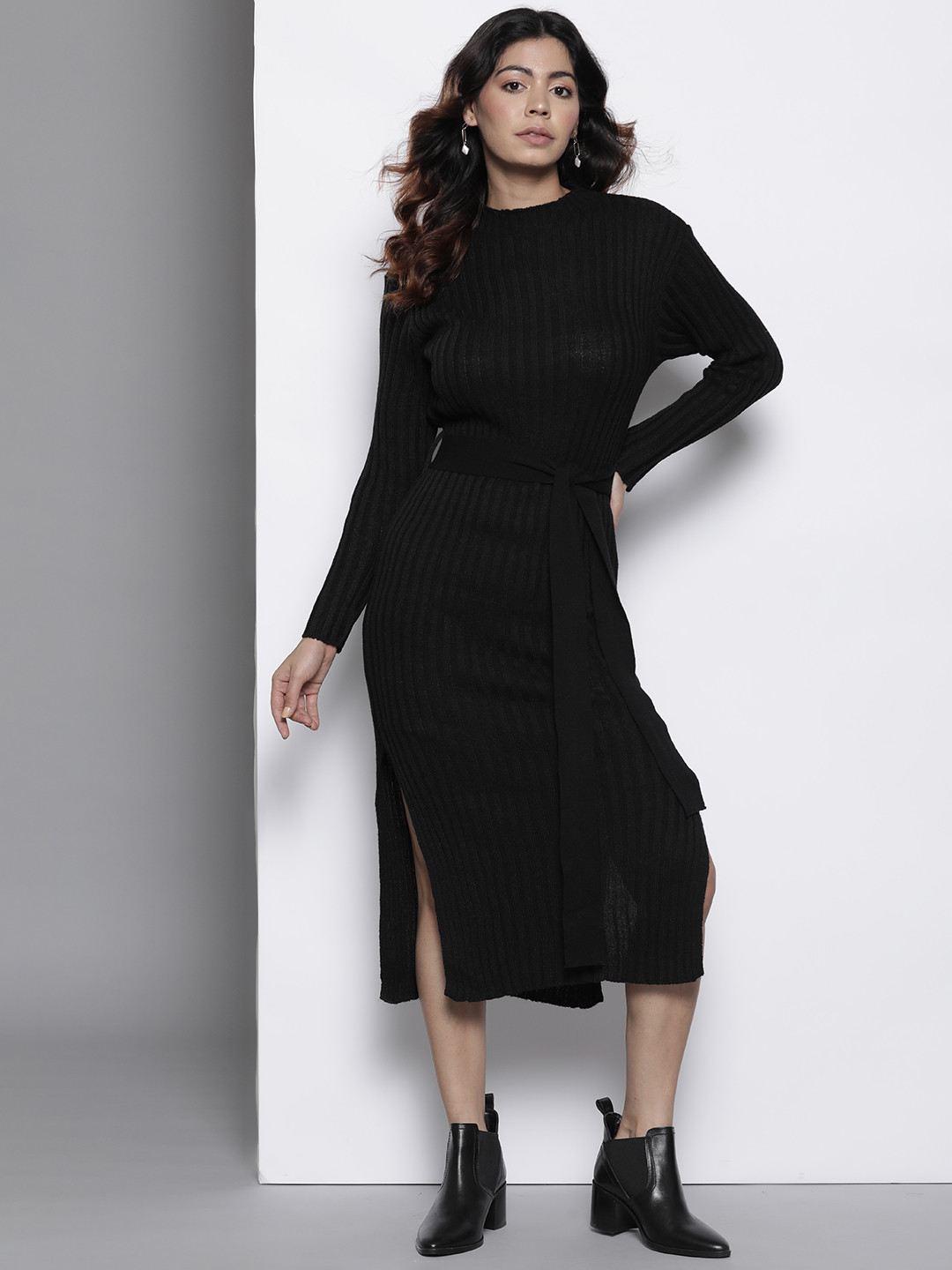Boohoo Ribbed Knitted Belted Side Slit Jumper Dress