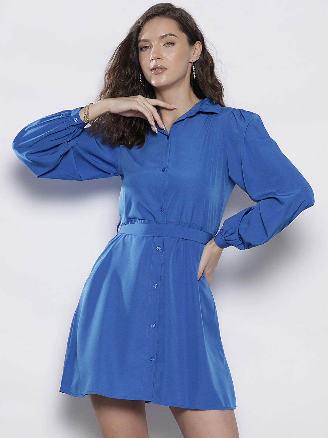 Boohoo Puff Sleeves Mini Shirt Dress with Belt