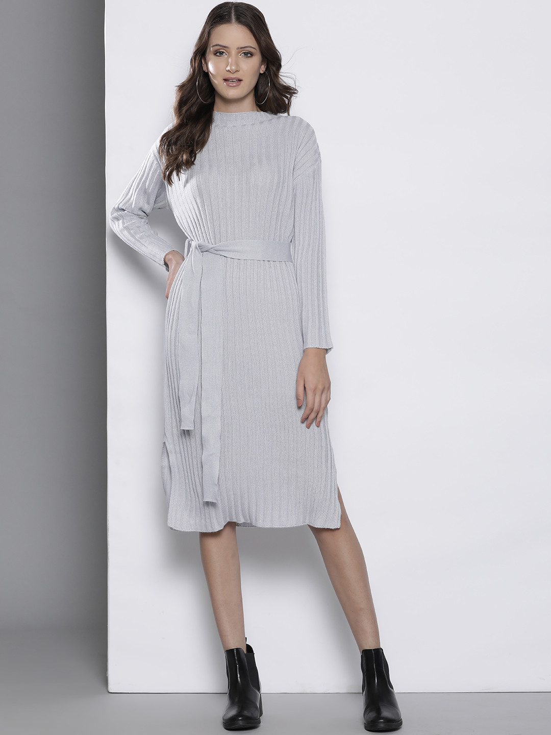 Boohoo Self-Striped Slit Detail Midi Sweater Dress with Belt