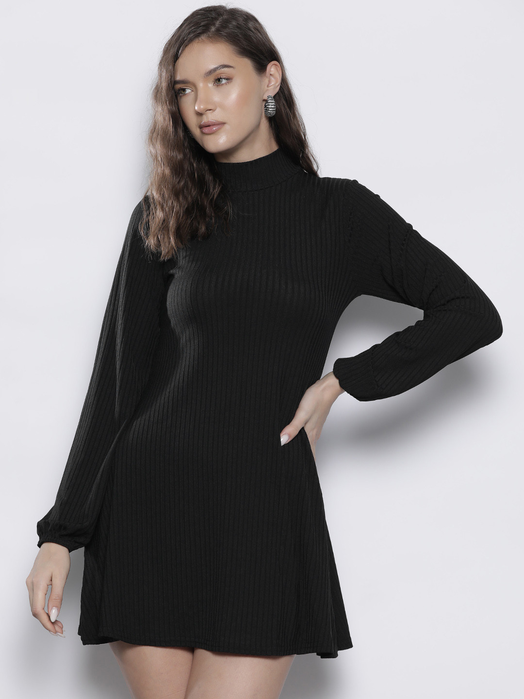 Boohoo Ribbed High Neck A-Line Mini Dress