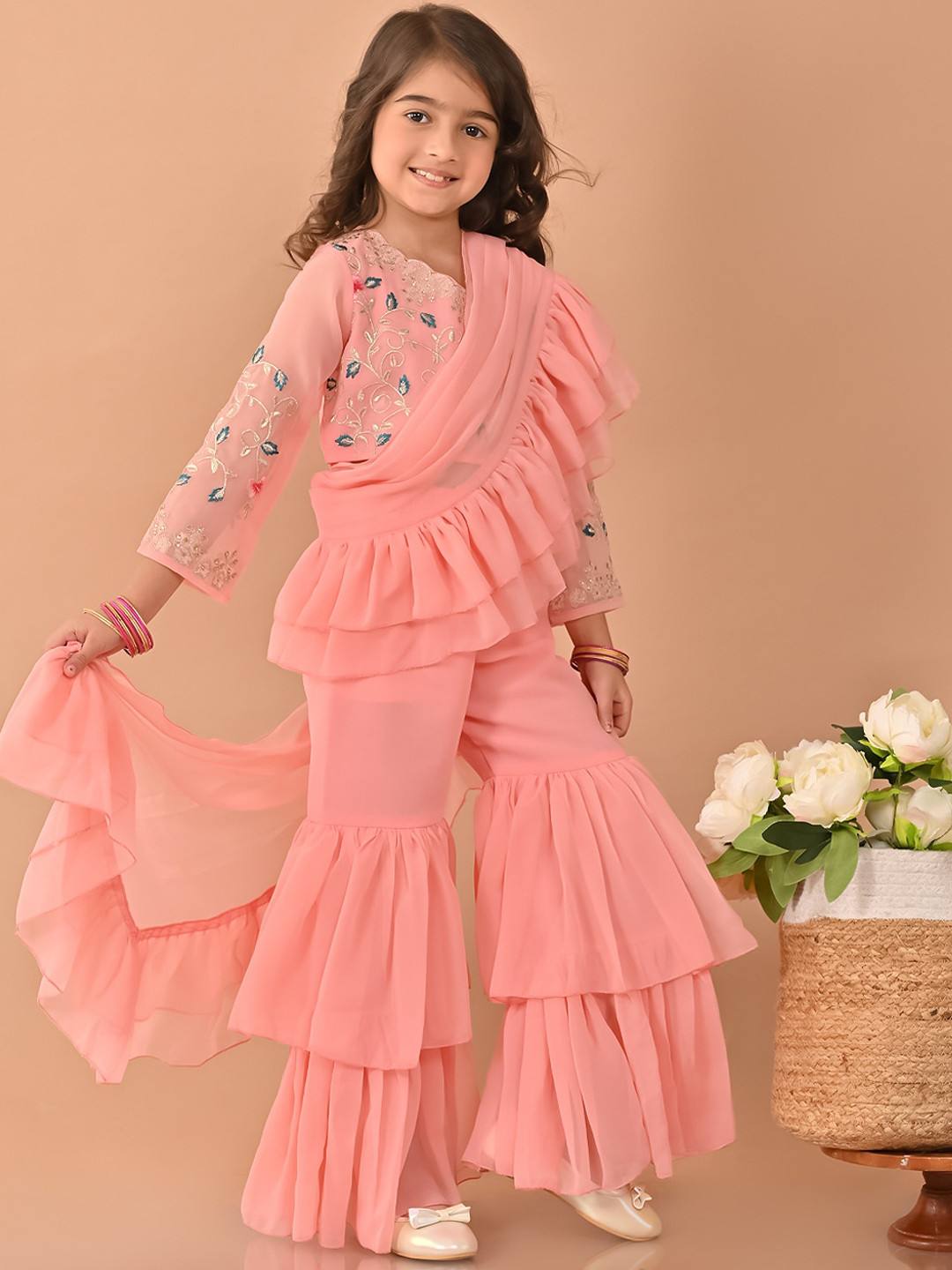 LilPicks Embroidered Top & Flared Sharara Set With Attached Dupatta