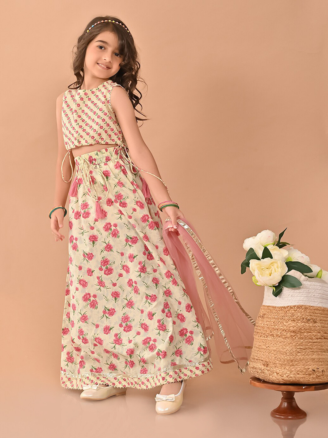 LilPicks Girls Printed Cotton & Net Ready to Wear Lehenga & Blouse With Dupatta
