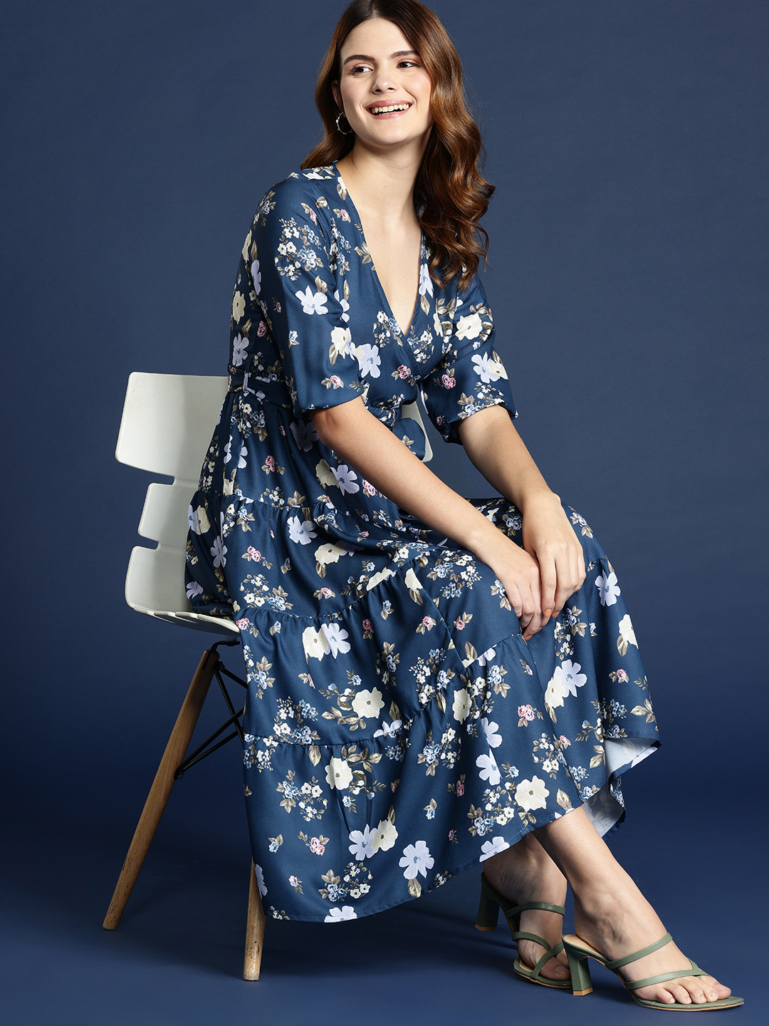 Mast & Harbour Floral Print Puff Sleeve Midi Wrap Dress with Belt