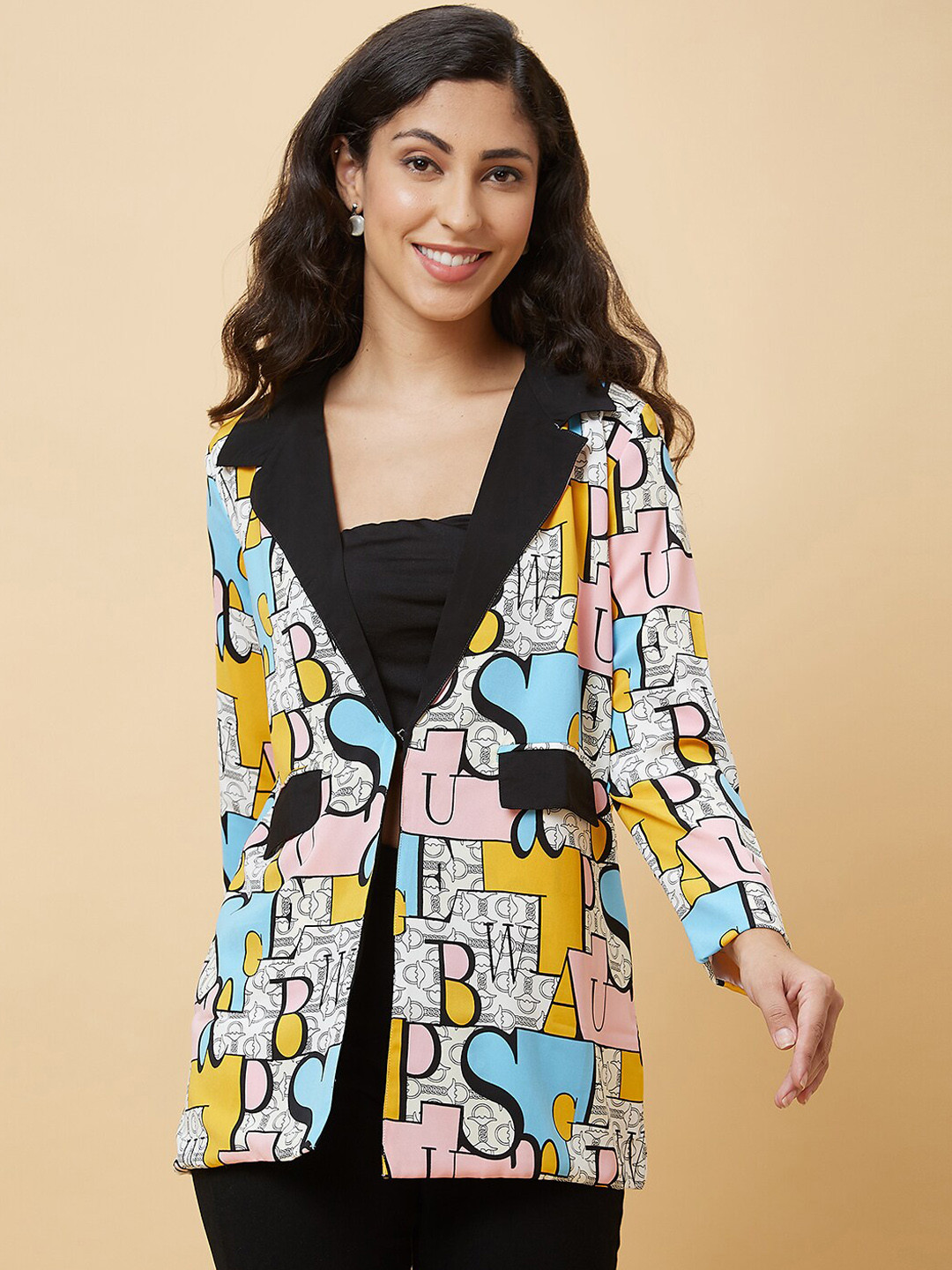 Globus Pink Typography Printed Long Sleeves Open Front Jacket