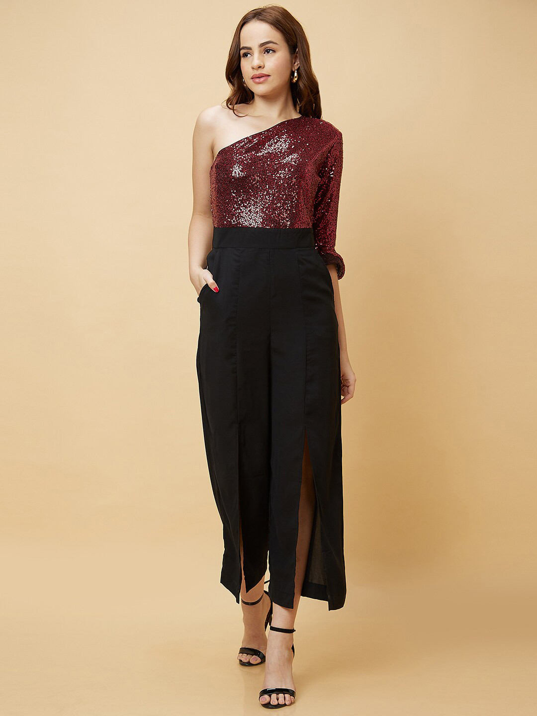 Globus Red & Black Embellished Basic Jumpsuit