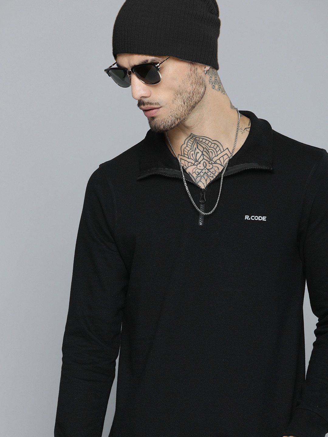 R.Code by The Roadster Life Co. Men High Neck Half Zipper Sweatshirt