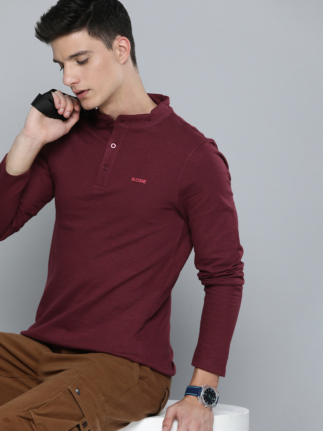 R.Code by The Roadster Life Co. Men Henley Neck Sweatshirt