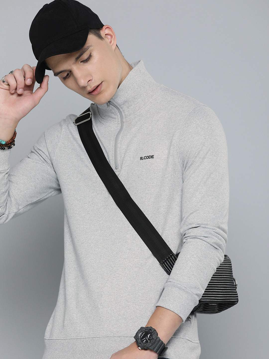 R.Code by The Roadster Life Co. Men High Neck Half Zipper Sweatshirt