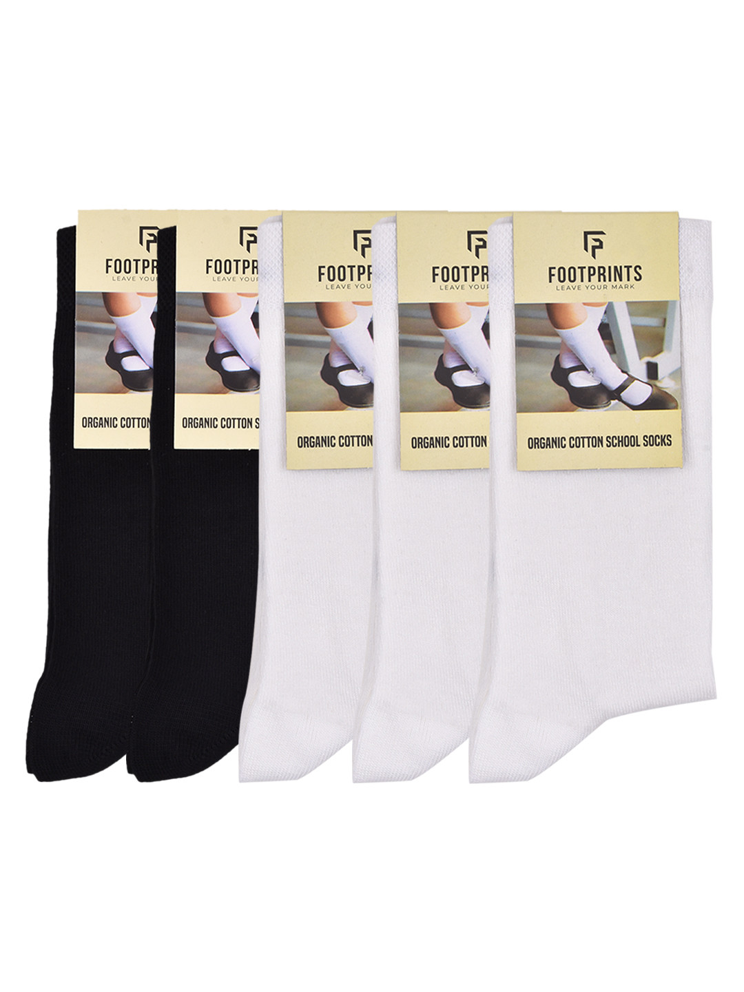FOOTPRINT Kids 5 Pairs Solid Anti Odour Organic Cotton Calf Length Bamboo School Socks