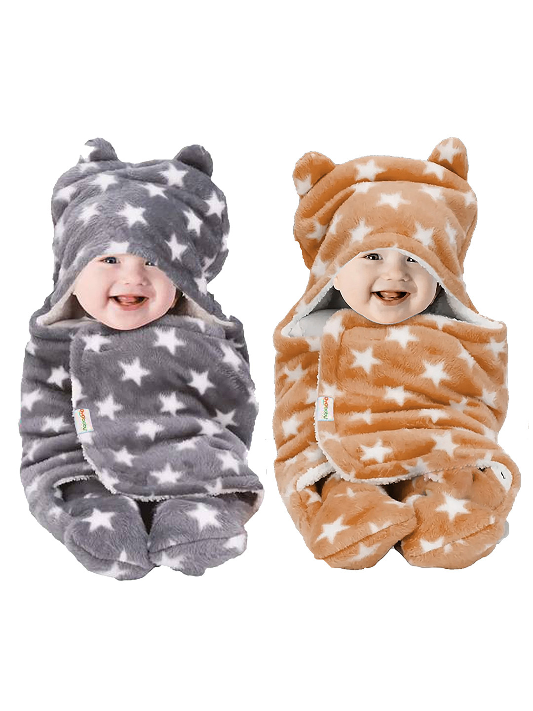 OyO Baby Infants Kids Beige 2 Pieces Printed 350 GSM 3 In 1 Hooded Baby Blankets Wrappers