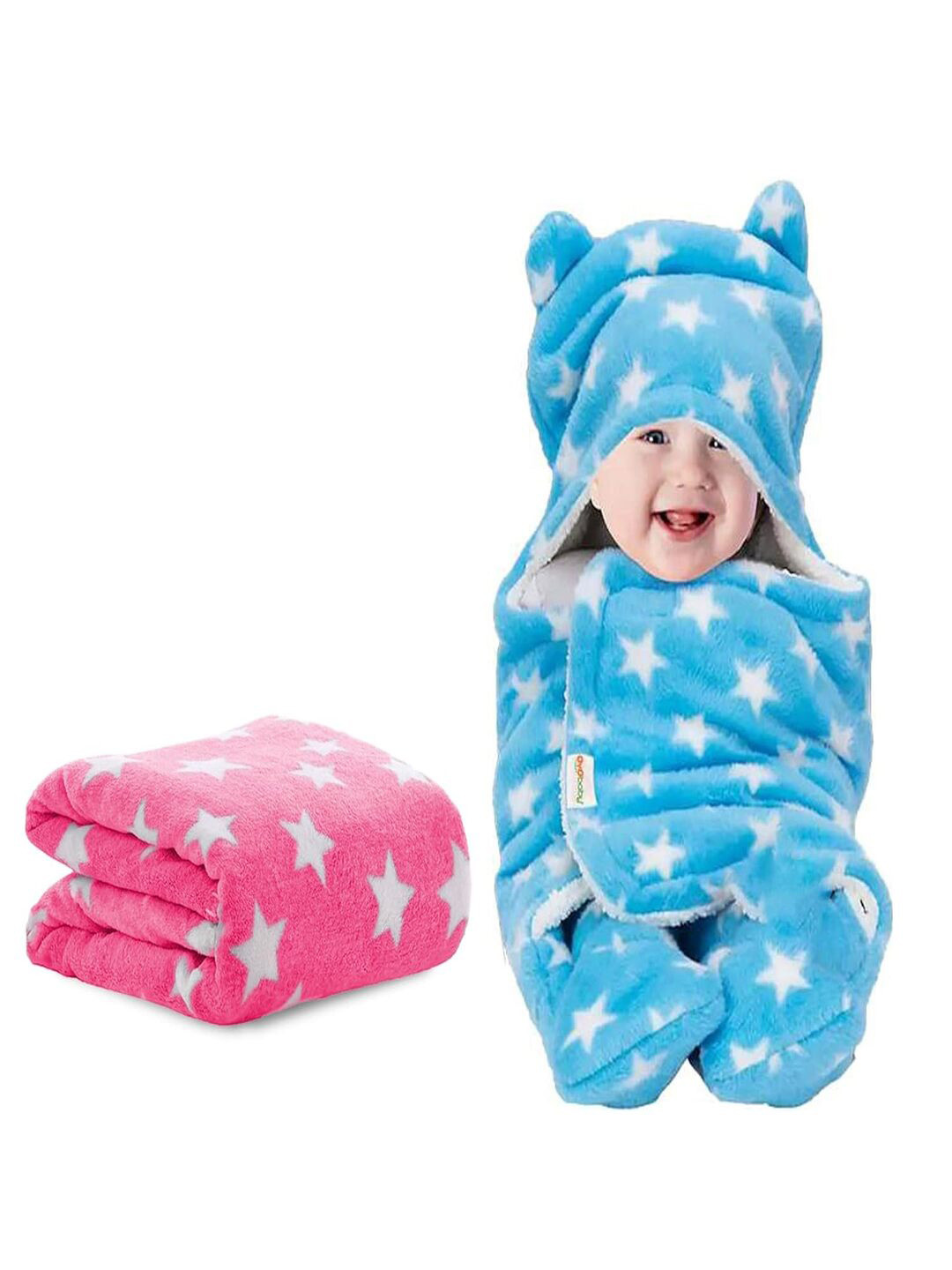 OyO Baby Infants Kids Pink & Blue 2 Pieces Printed Fleece 350 GSM Ac Room Baby Blankets