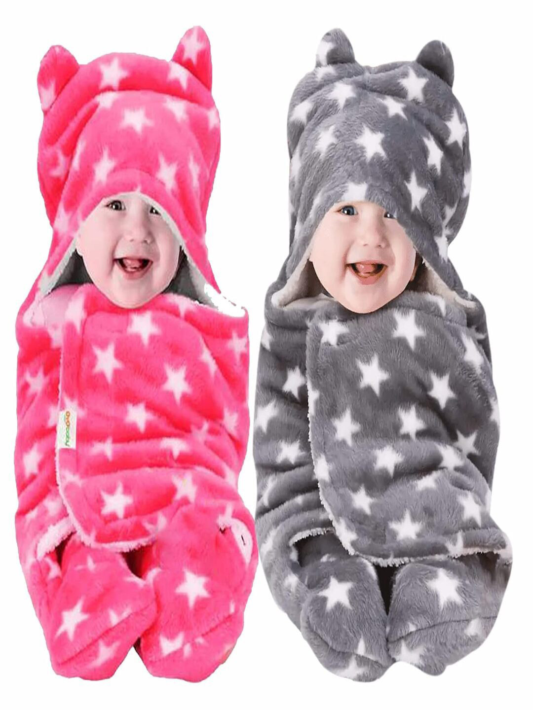 OyO Baby Pink & Grey 2 Pieces Infants Kids Printed 3 In 1 Hooded Baby Blanket Wrapper