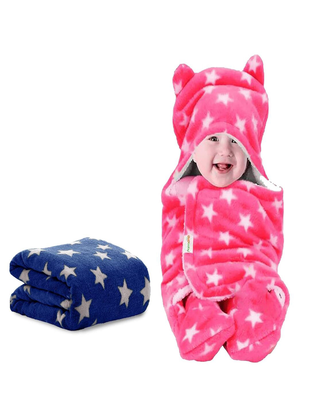 OyO Baby Infants Kids Navy Blue & Pink Pack of 2 Printed Fleece AC Room Baby Blankets