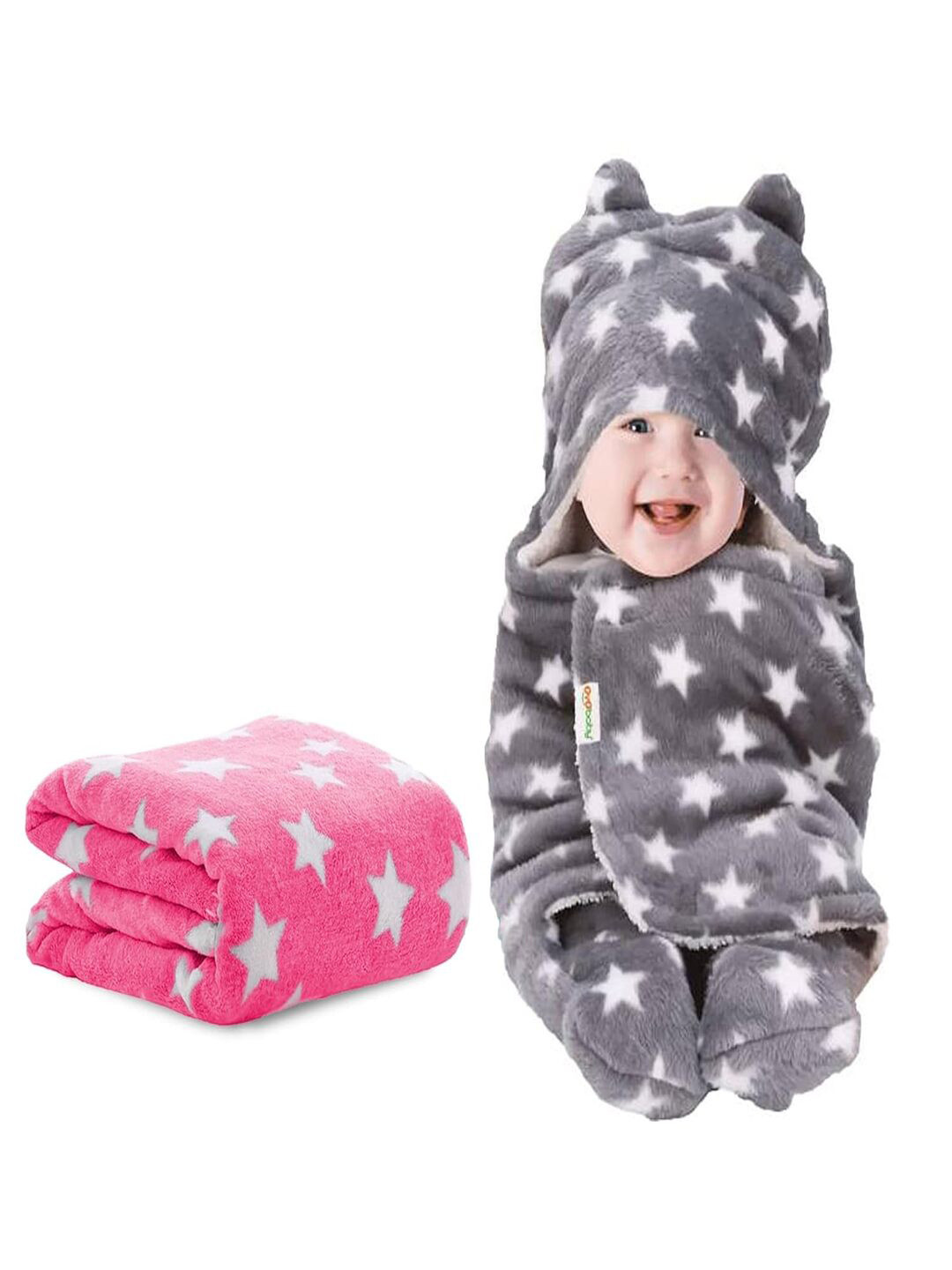 OyO Baby Infants Kids Pink & Grey 2 Pieces Printed Fleece AC Room Baby Blankets