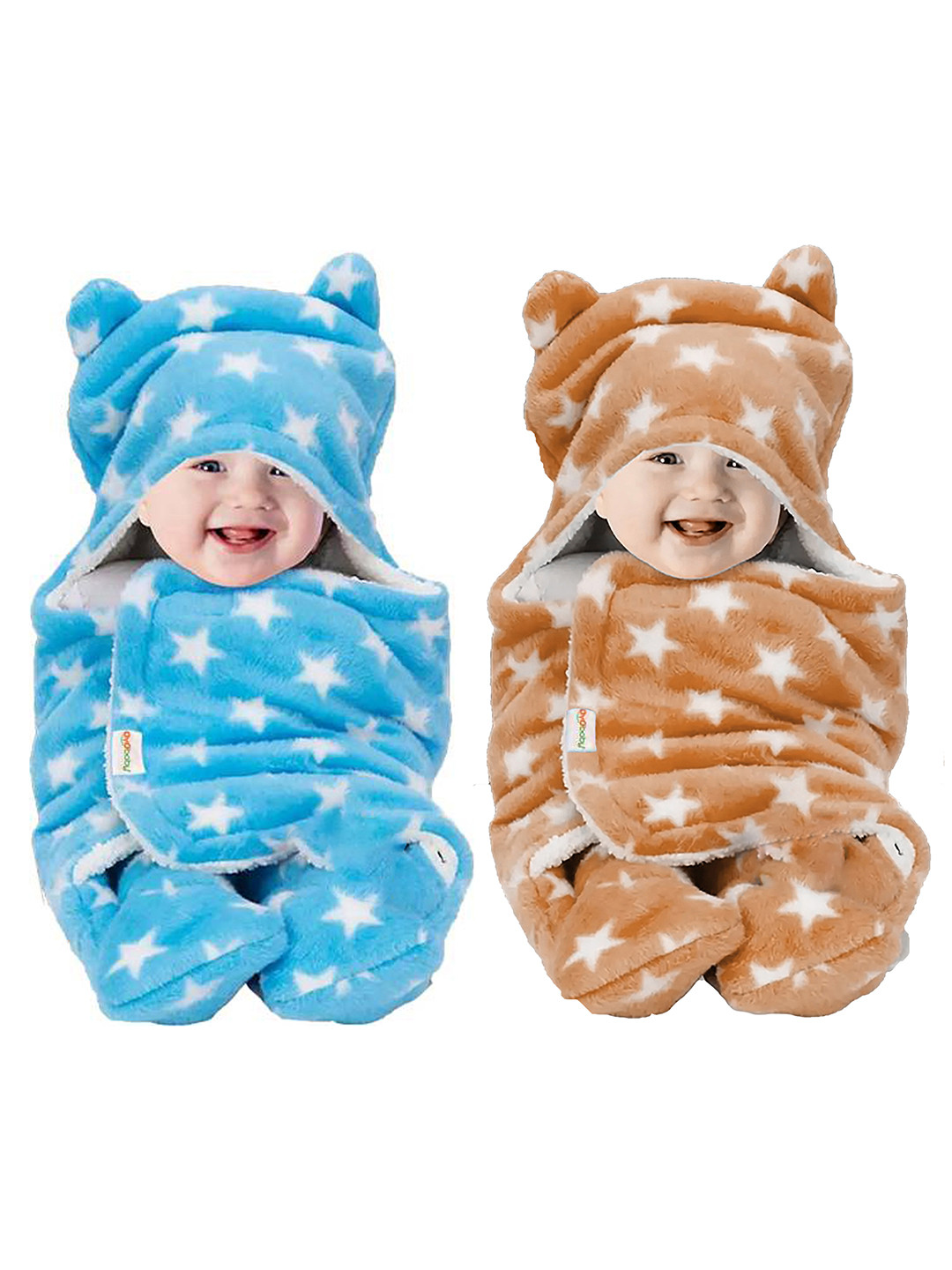 OyO Baby Infants Kids Beige & Blue Pack of 2 Printed 3 In 1 Hooded Baby Blanket Wrapper