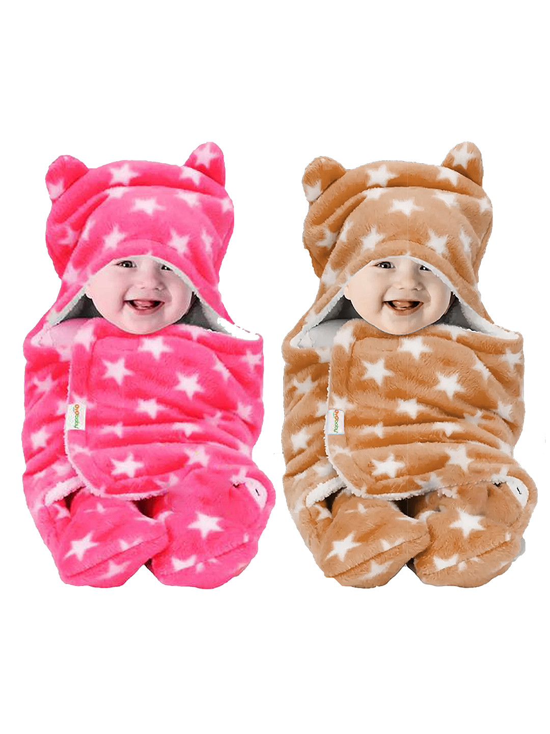 OyO Baby Infants Kids Beige & Pink Pack of 2 Printed 3 In 1 Hooded Baby Blanket Wrapper