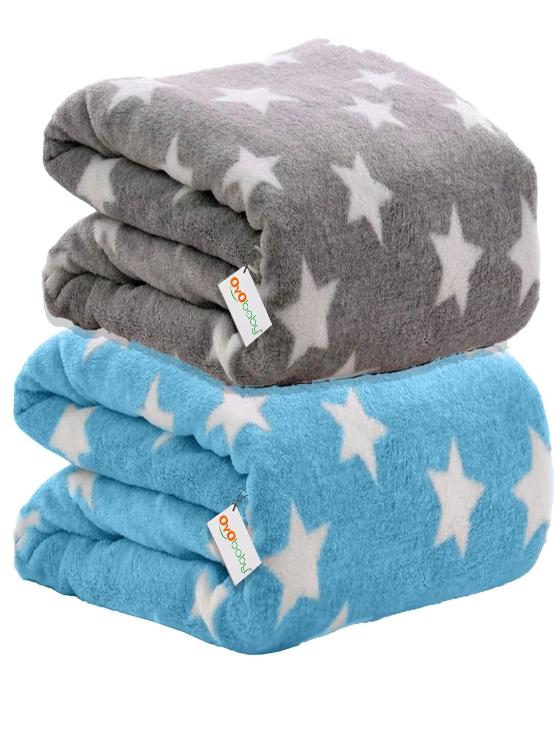 OyO Baby Infants Kids Blue & Grey 2 Pieces Printed 350 GSM Ac Room Square Baby Blankets