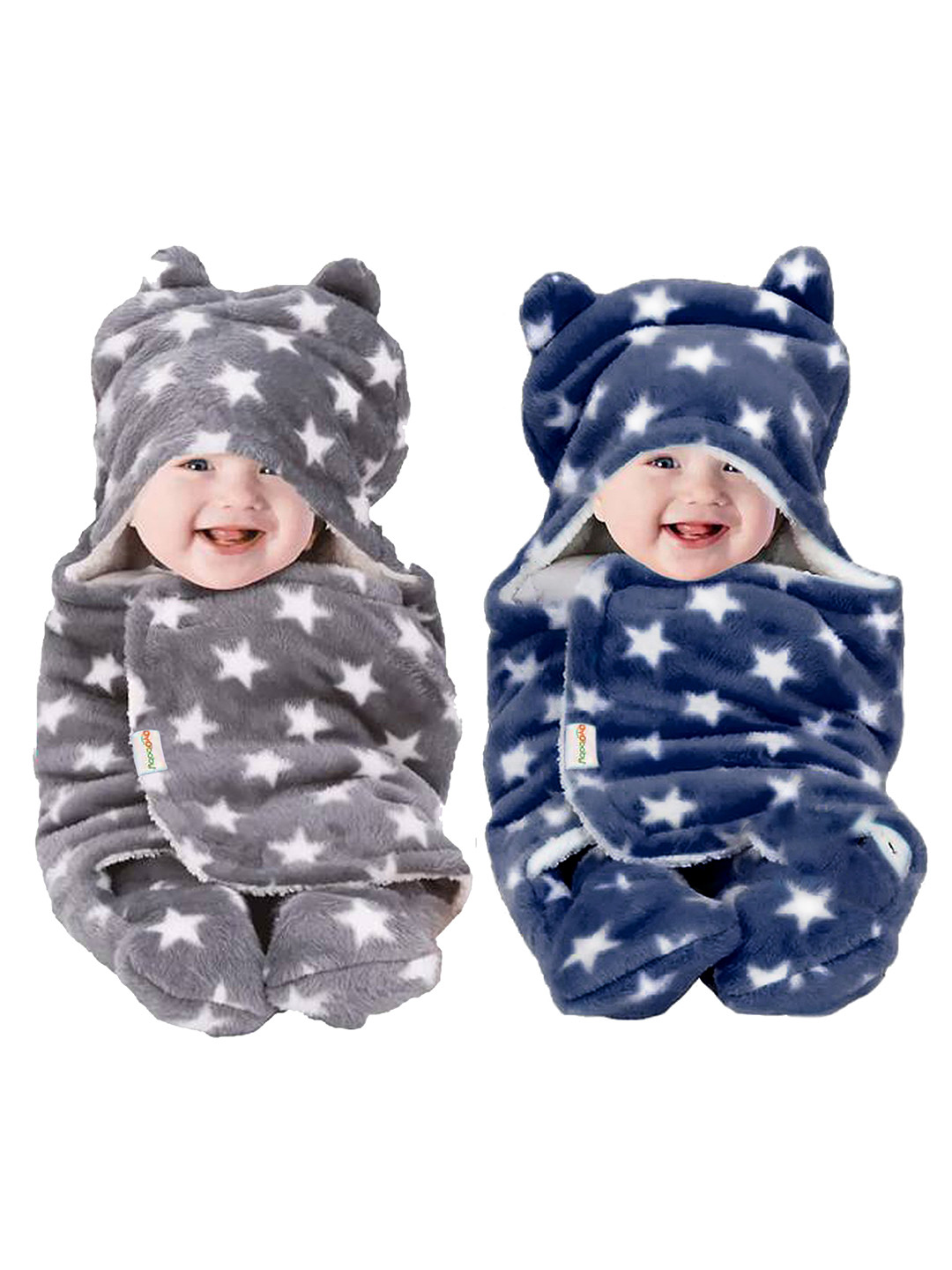 OyO Baby Infants Kids Blue & Grey 2 Pieces Printed 3 In 1 Hooded Baby Blanket Wrapper