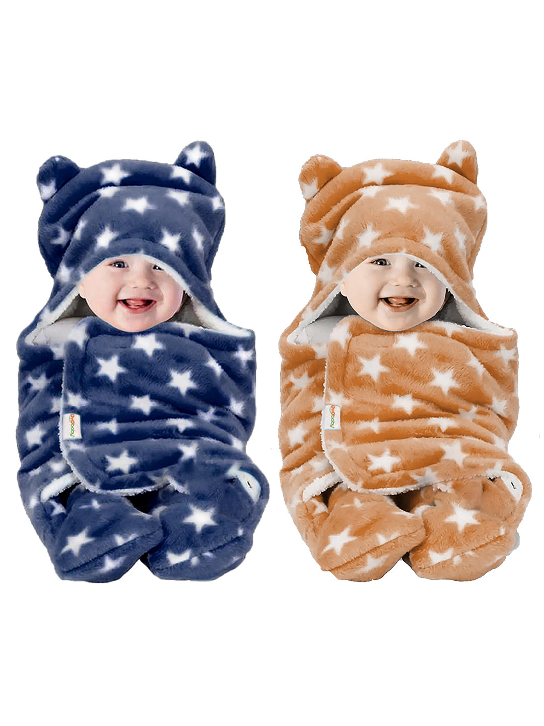 OyO Baby Blue & Beige 2 Pieces Infants Kids Printed 3 In 1 Hooded Baby Blanket Wrapper