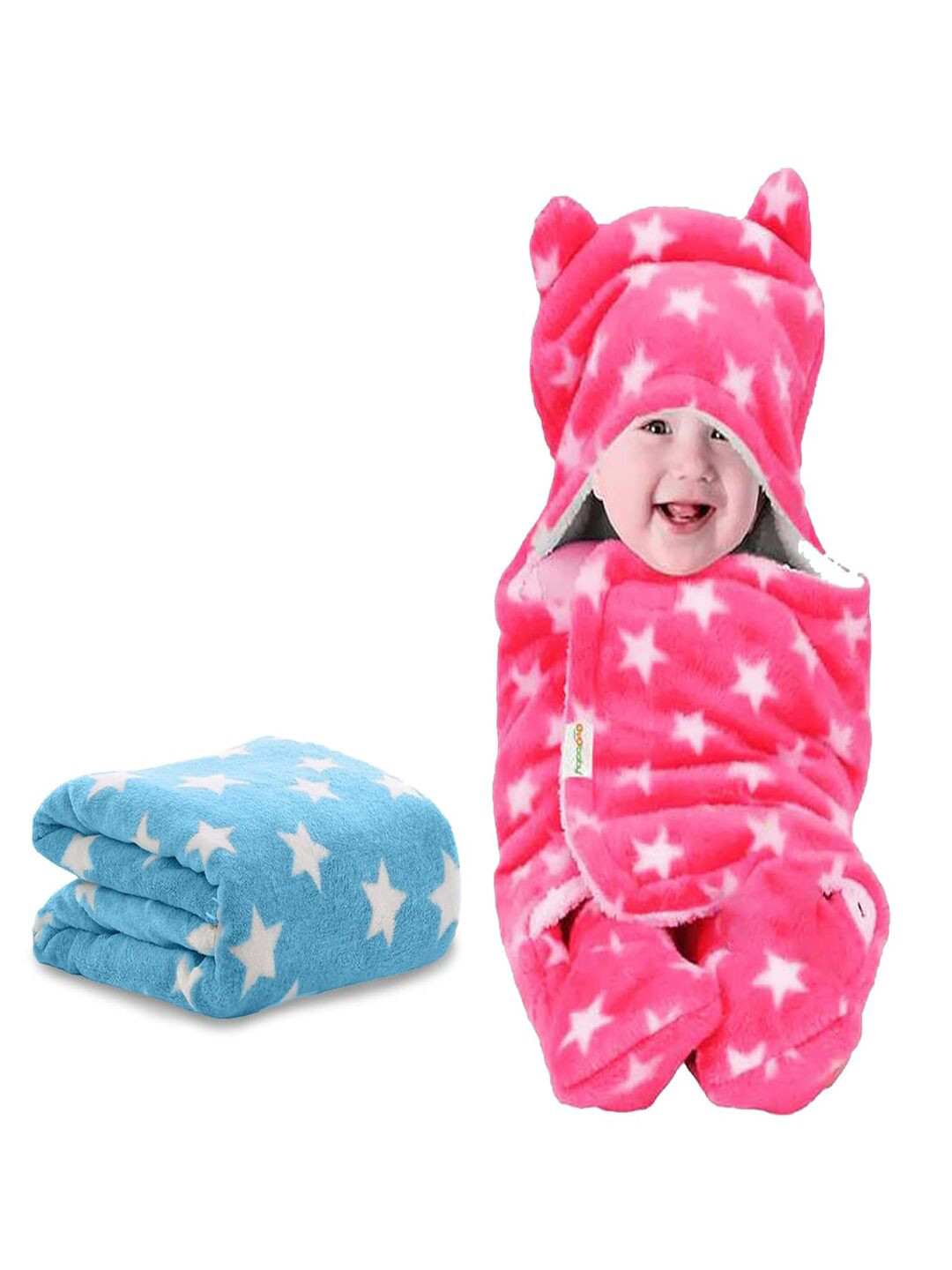 OyO Baby Infants Kids Blue & Pink 2 Pieces Star Printed 350 GSM Ac Room Baby Blankets