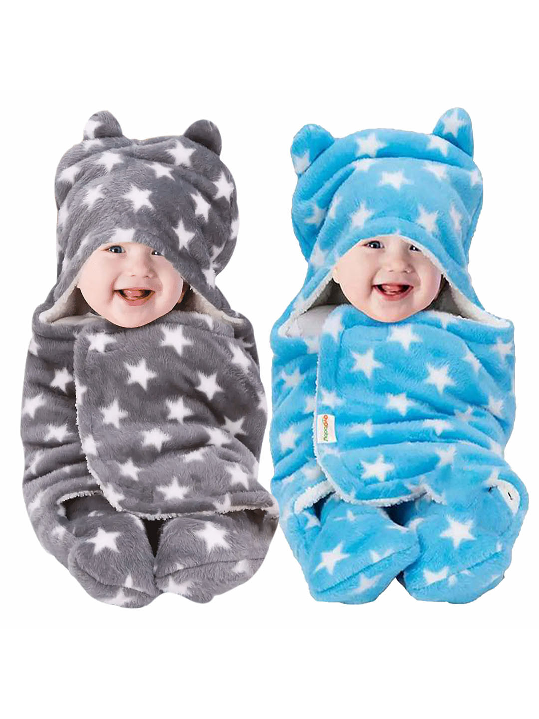 OyO Baby Infants Kids Grey 2 Pieces Printed 350 GSM 3 In 1 Hooded Baby Blankets Wrappers