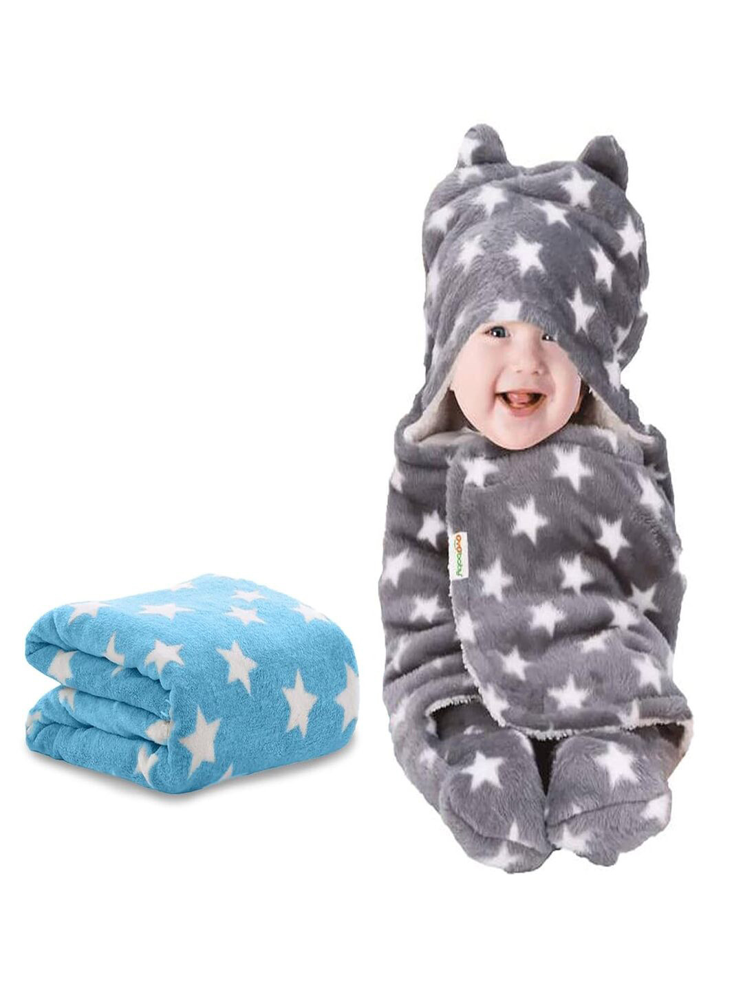 OyO Baby Infants Kids Blue & Grey 2 Pieces Star Printed Fleece AC Room Baby Blanket