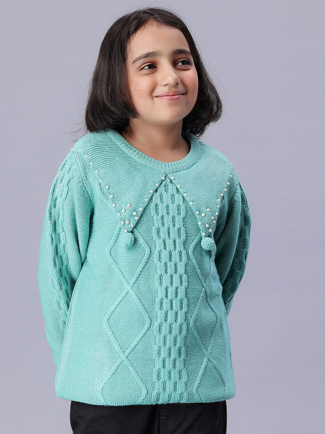 Bharatasya Girls Cable Knit Embellished Pullover Acrylic Sweater