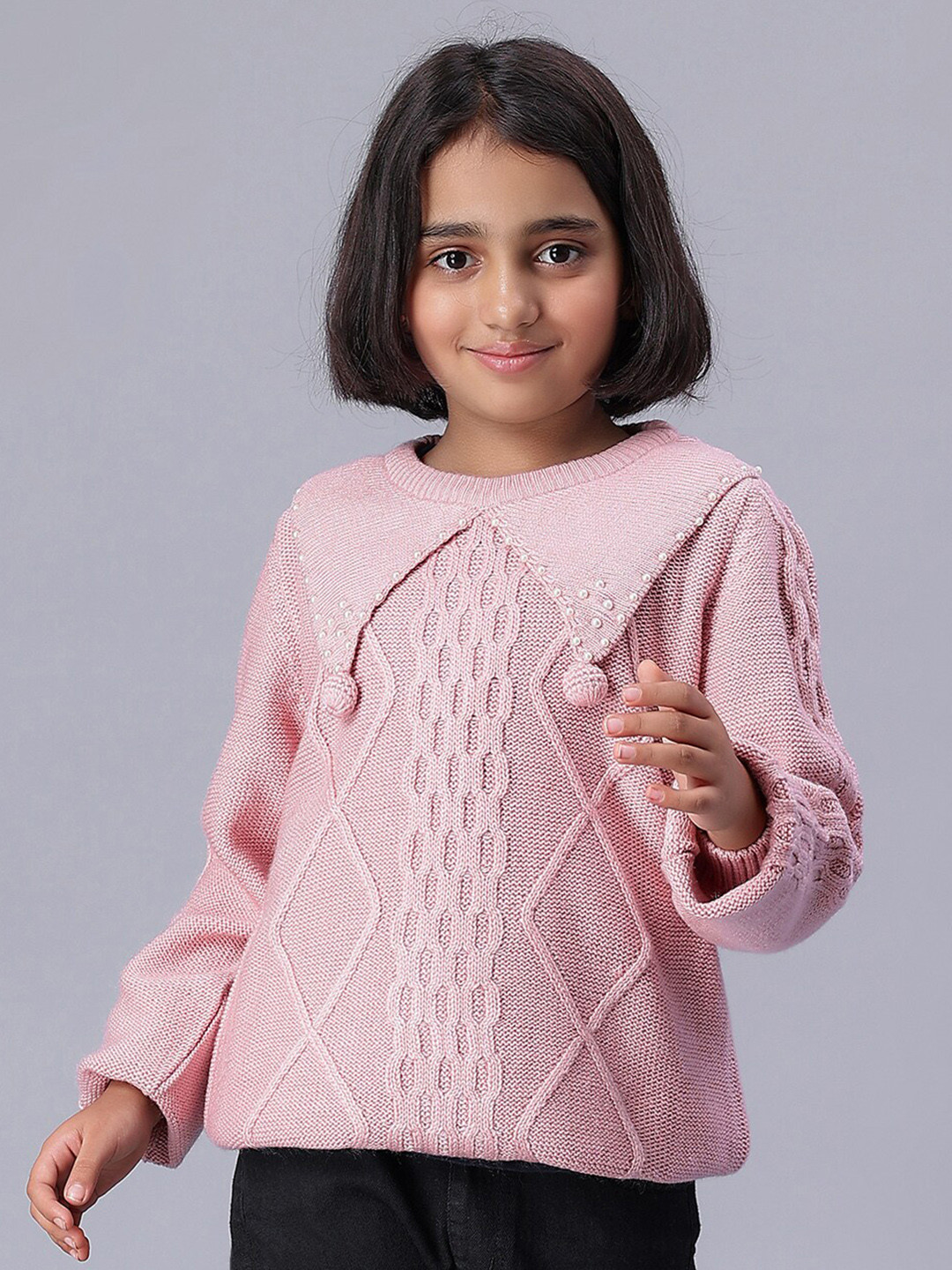 Bharatasya Girls Cable Knit Round Neck Long Sleeves Acrylic Pullover Sweaters