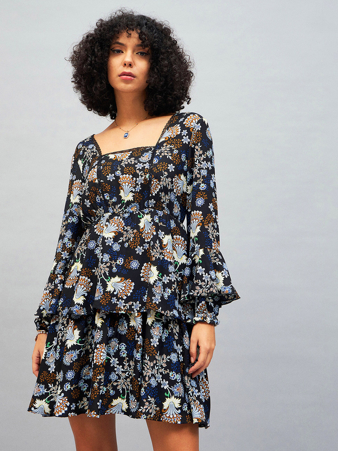 SASSAFRAS Navy Blue Floral Printed Bell Sleeve A-Line Dress