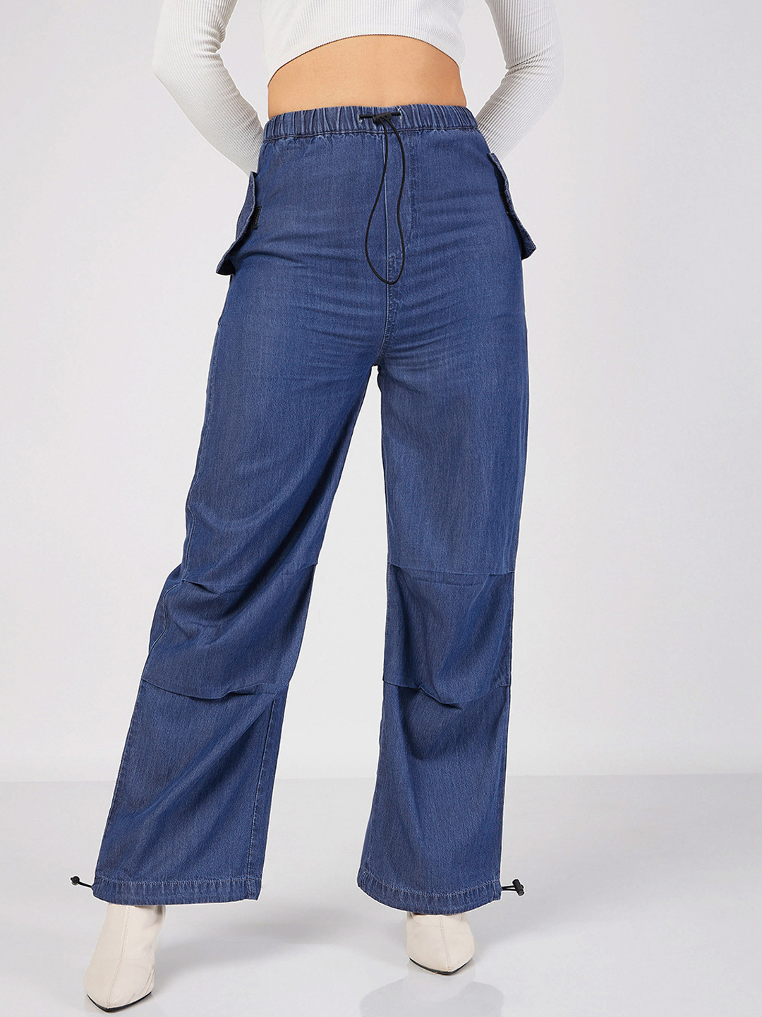 SASSAFRAS Blue Women Straight Fit Denim Cargos Trousers