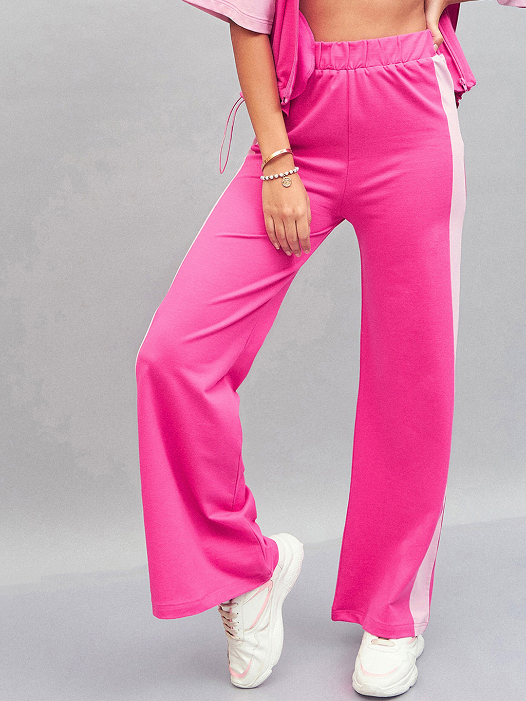 SASSAFRAS Pink Women Knitted Contrast Side Tape Track Pants