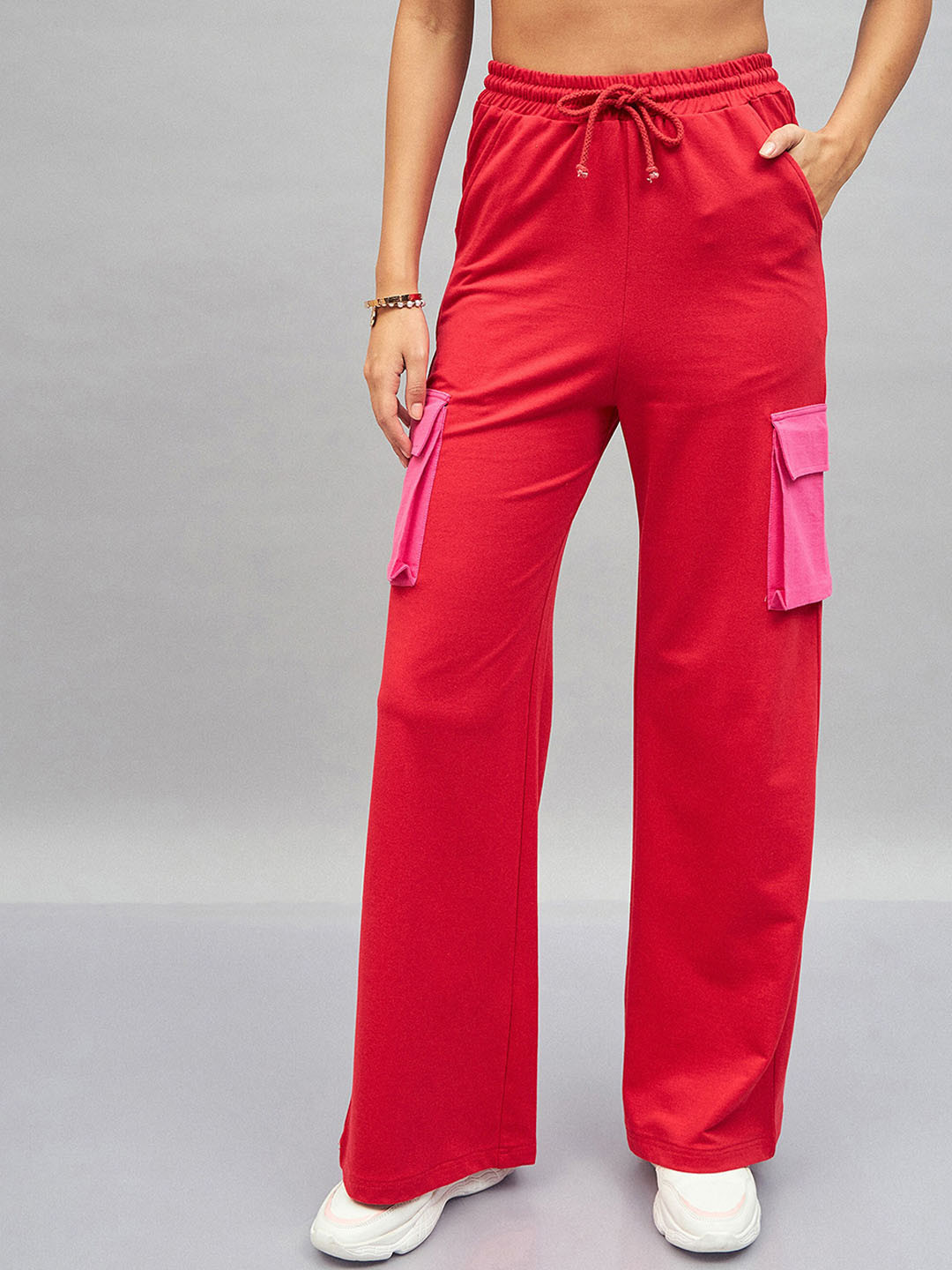 SASSAFRAS Red Women Contrast Pockets Straight-Fit Track Pants