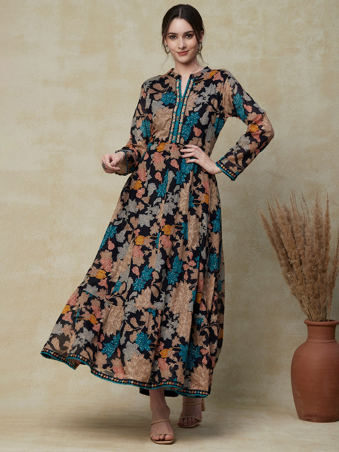 FASHOR Navy Blue Floral Printed Embroidered Cotton Tie-Up Maxi Ethnic Dress
