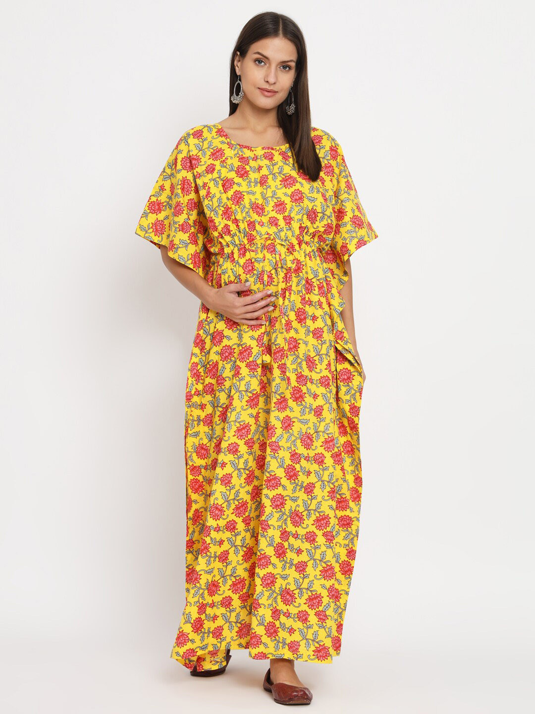 Aujjessa Floral Printed Flared Sleeves Tie-Ups Pure Cotton Kaftan Maternity Dress