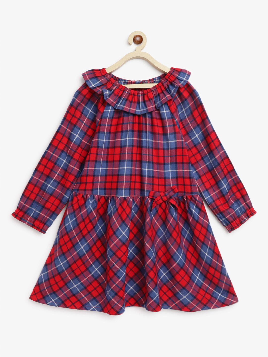 Campana Girls Long Sleeves Knee Length Drop-Waist Checked Cotton Dress