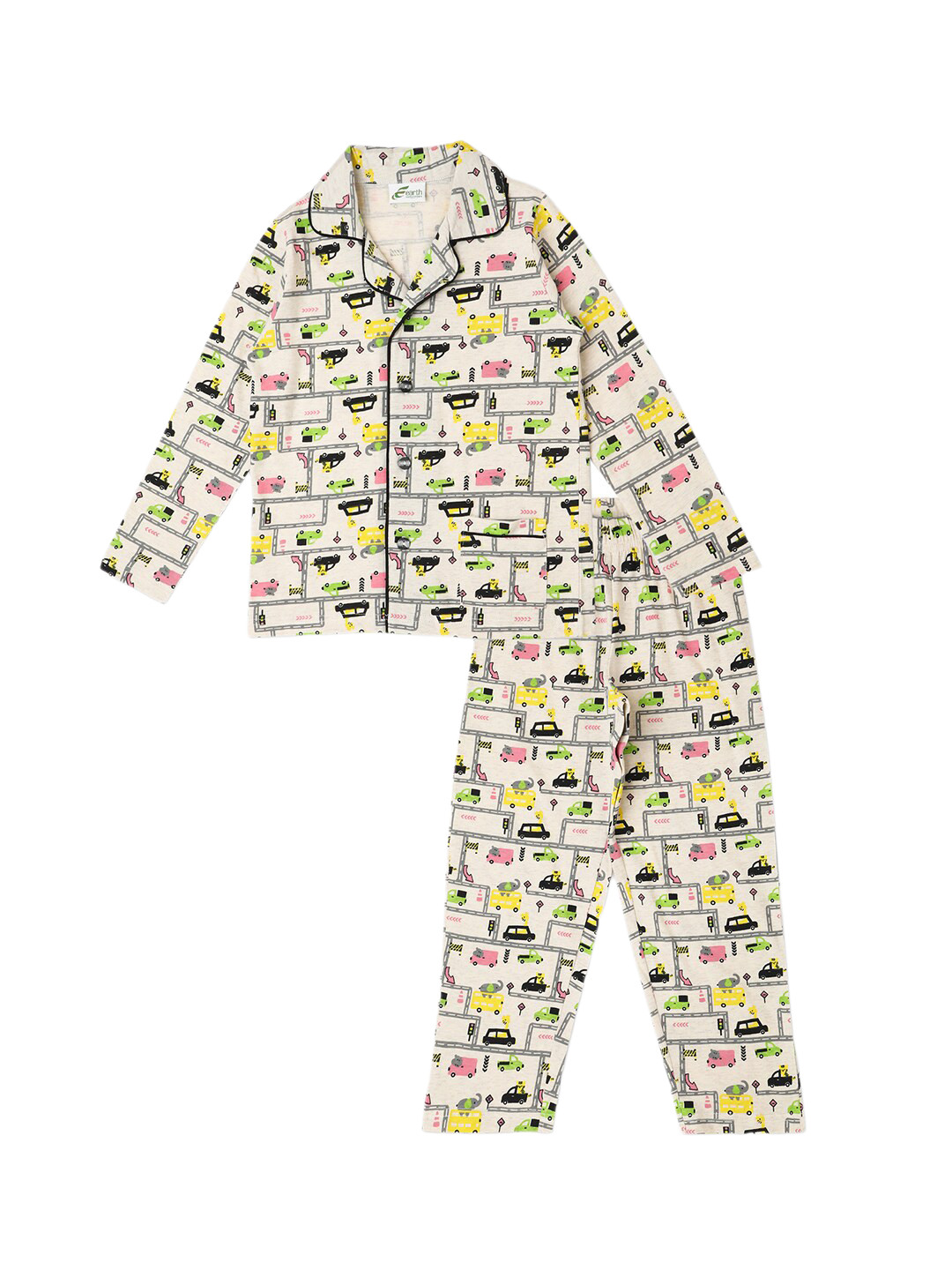 earth conscious Boys Conversational Printed Lapel Collar Pure Cotton Night Suit