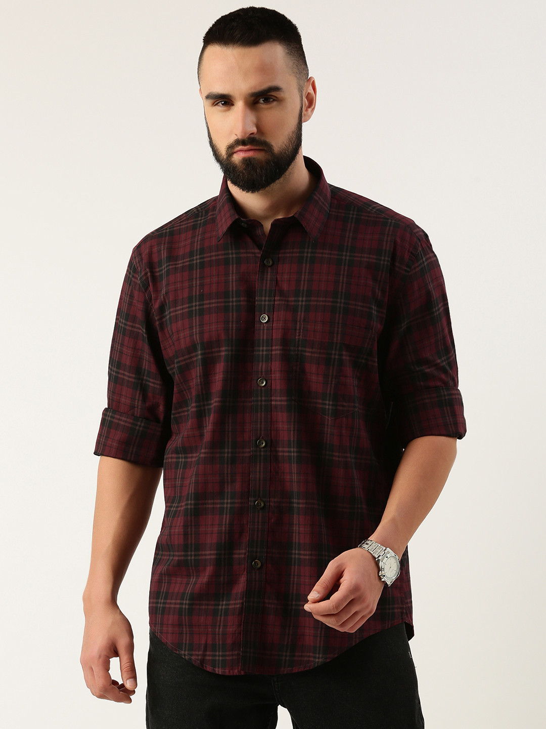 Burnt Umber Men Opaque Checked Casual Shirt