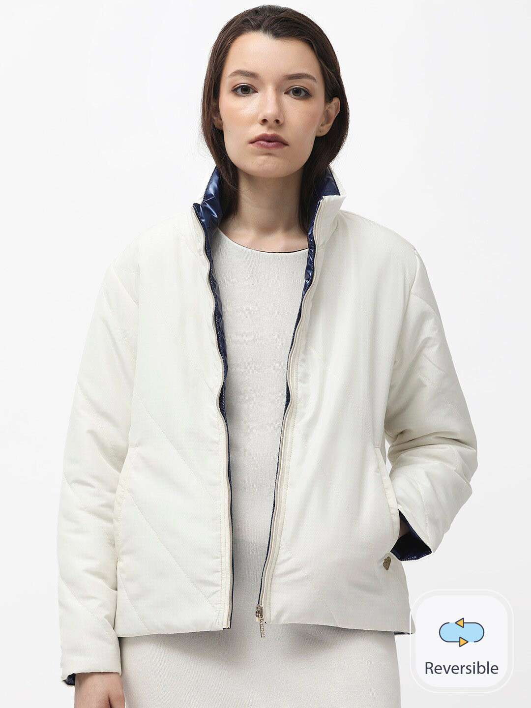 RAREISM Women Off White Plain Regular Fit Regular Sleeve High Neck Jacket