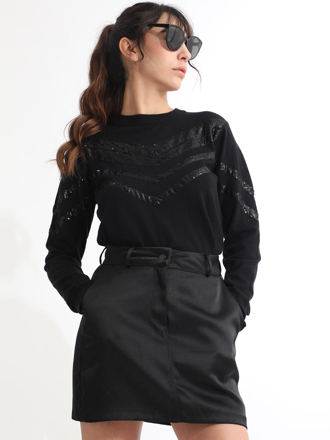 RAREISM Women Black Plain Regular Fit Skirt