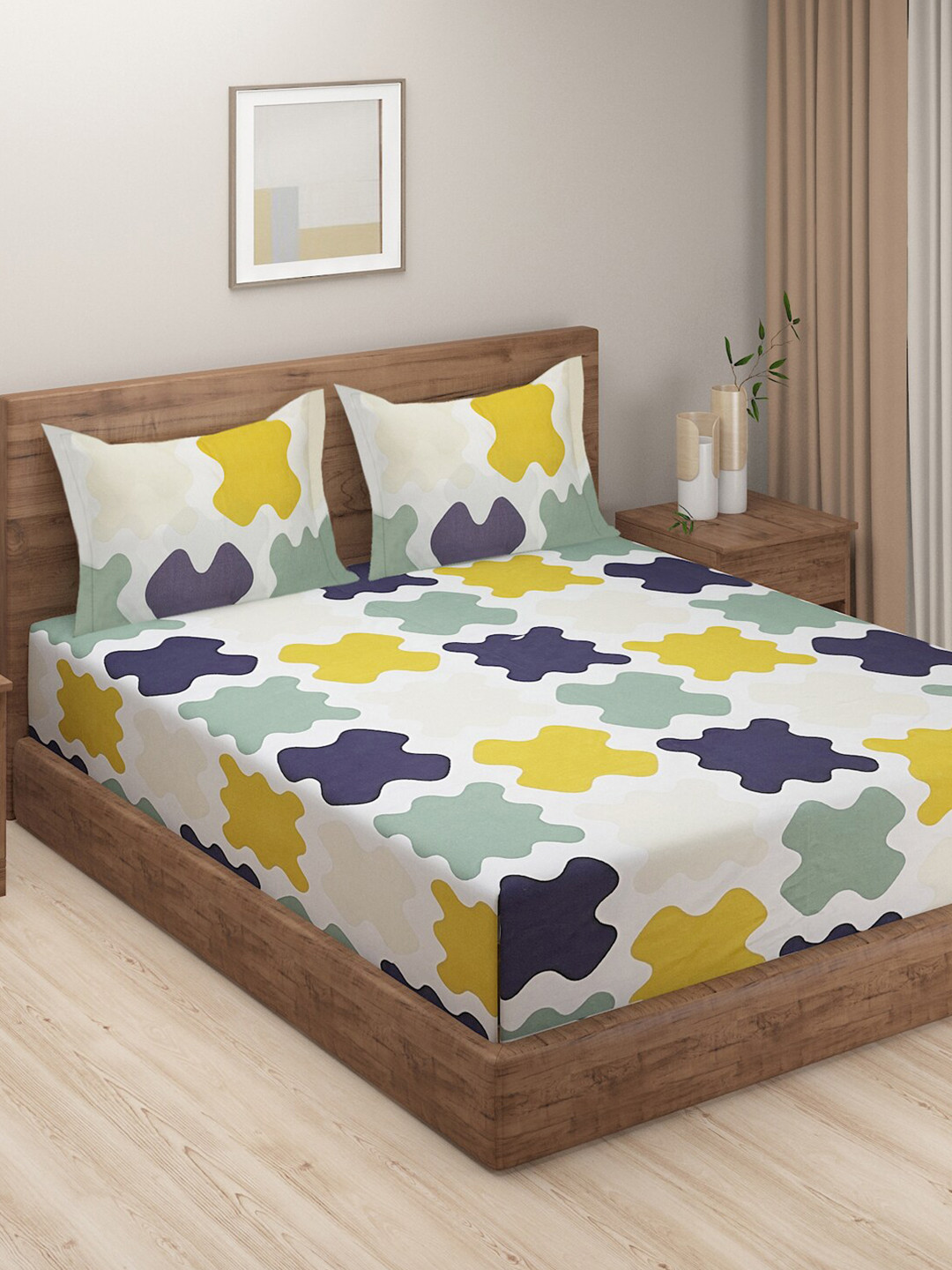 SWAYAM Prakirti White Geometric Cotton 180 TC King Fine Bedsheet with 2 Pillow Covers-100 x 90 inches