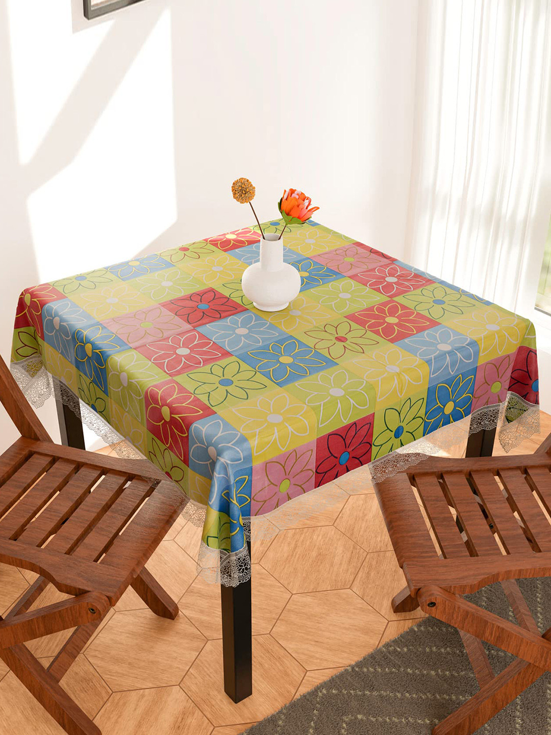 Dakshya Industries Green & Blue Printed Border Anti Slip Oval 4 Seater Table Cover