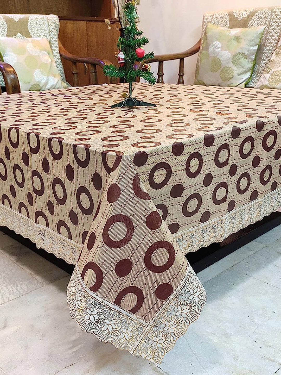Dakshya Industries Beige Coin Printed PVC Square 8 Seater Table Cover