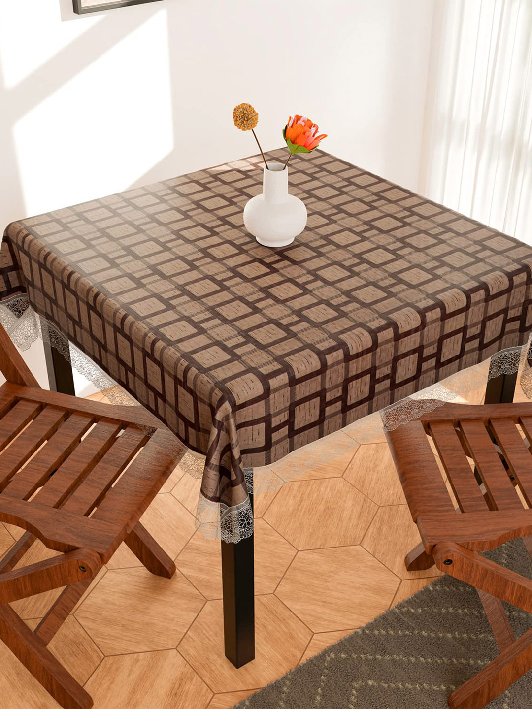 Dakshya Industries Yellow & Brown Box Printed PVC Square 4 Seater Table Cover