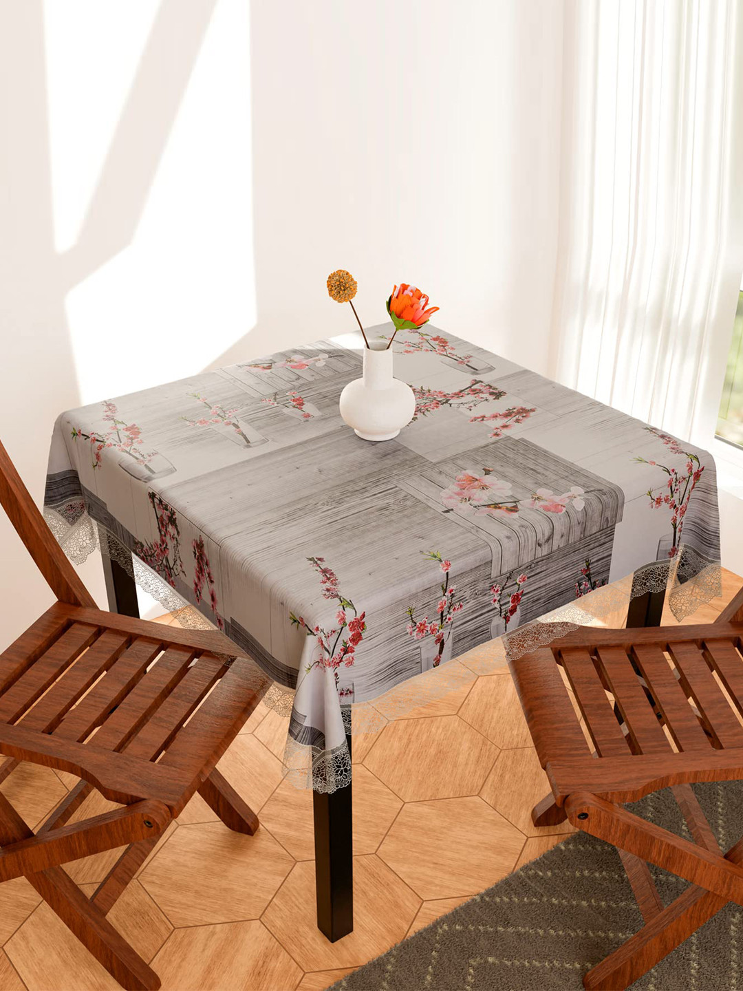 Dakshya Industries Grey & Pink Printed Border Plastic Anti Slip Oval 4 Seater Table Cover