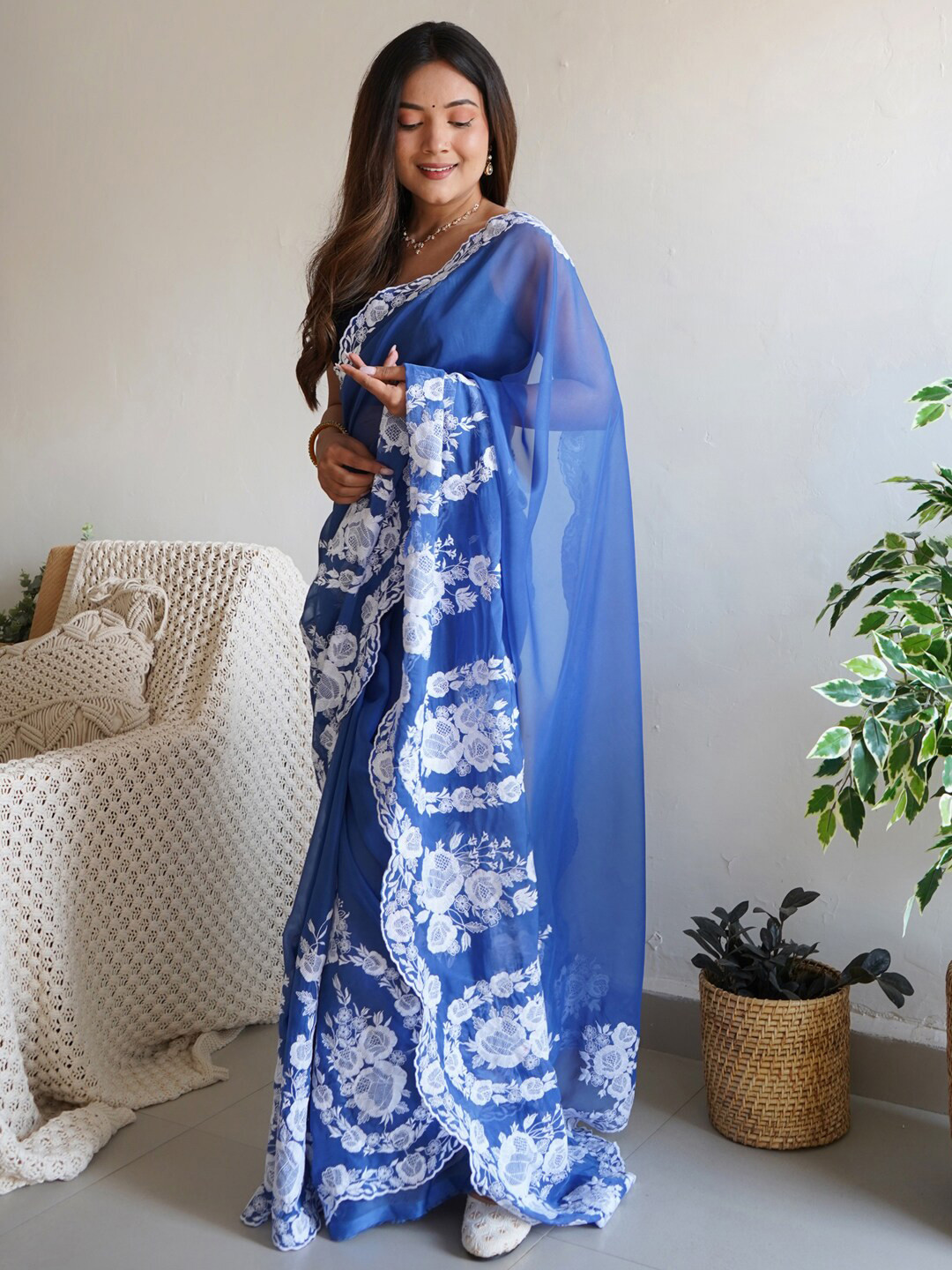 Anouk Blue Embroidered Detailed Organza Saree