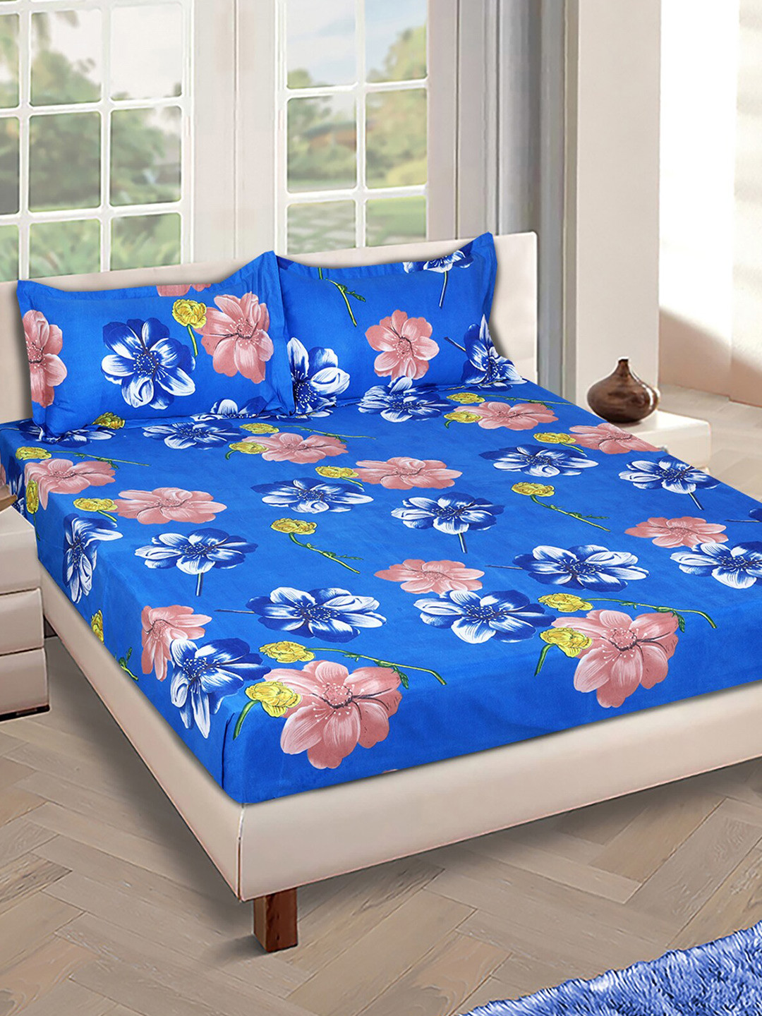 ROMEE Blue Floral Microfiber 144 TC Queen Bedsheet with 2 Pillow Covers-90 x 100 inches