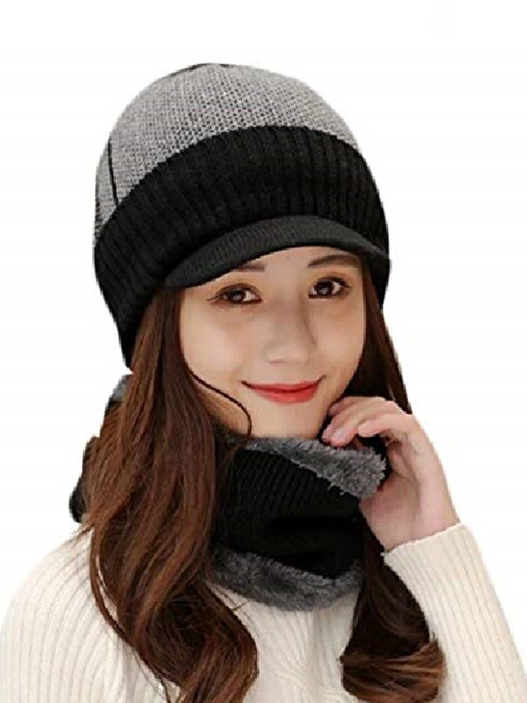 Gajraj Unisex Knitted Snug Fit Wool Beanie With Scarf