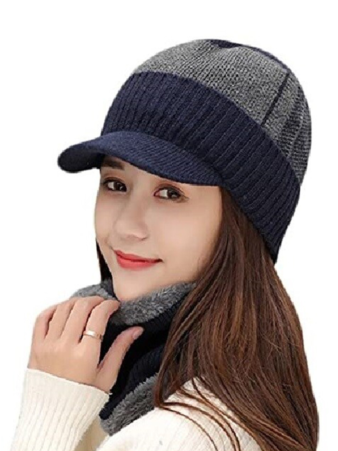 Gajraj Unisex Navy Colourblocked Woollen Beanie With Neck Warmer