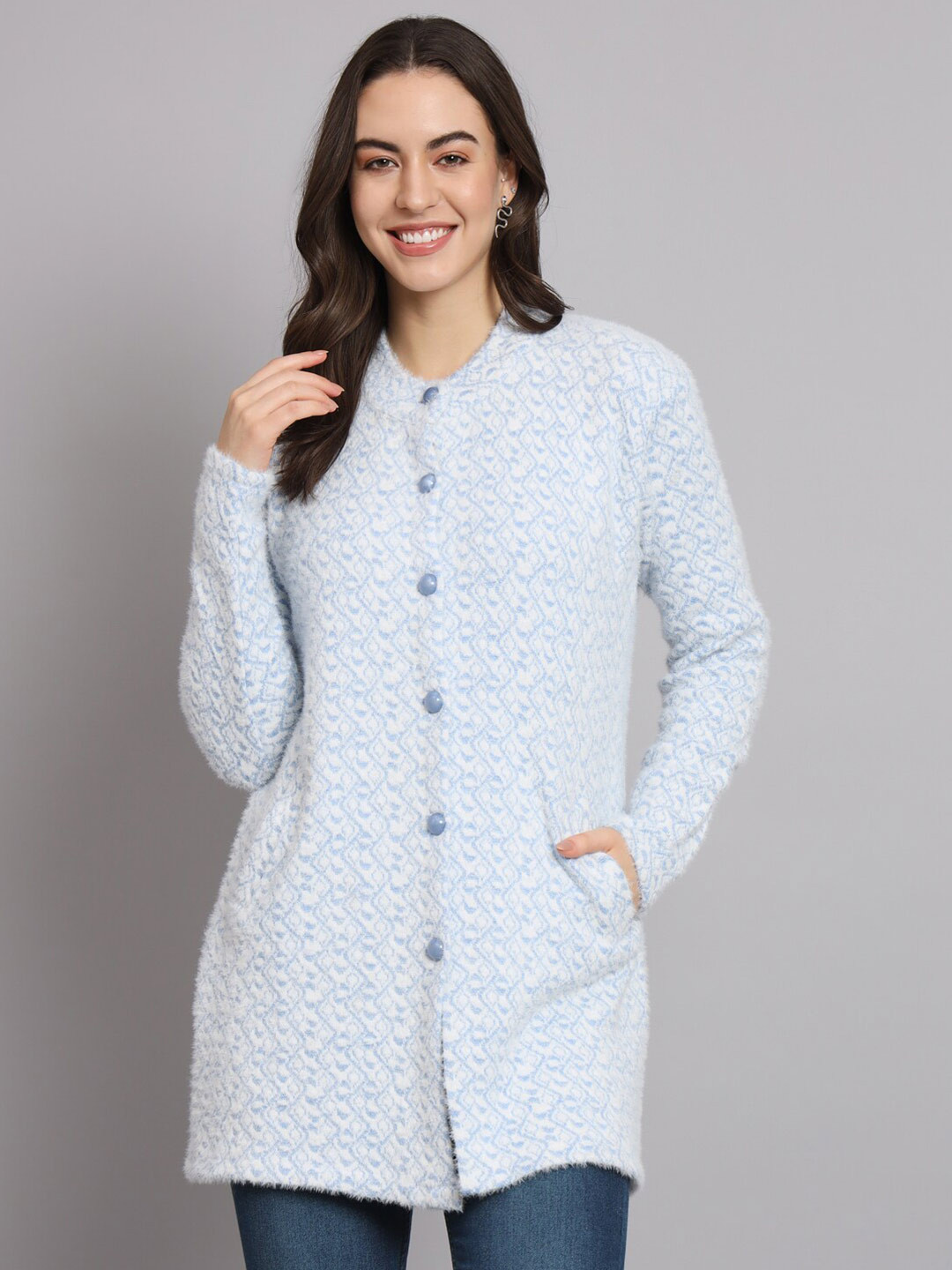 eWools Geometric Embroidered Band Collar Acrylic Wool Longline Cardigan Sweater